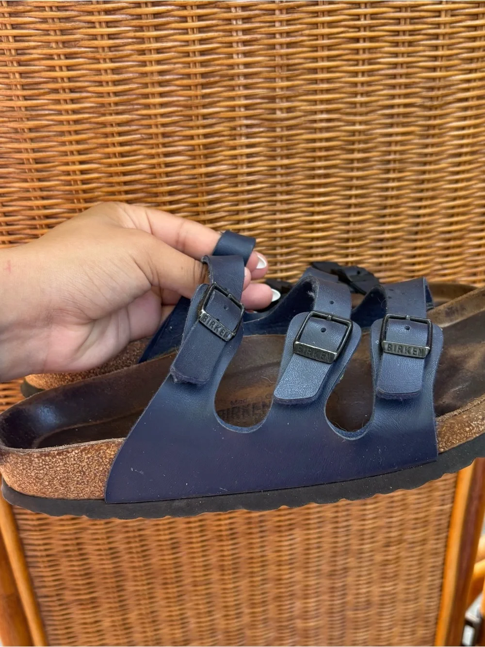 Unisex Birkenstock three strap sandals beachy casual 42 size 11 blue leather